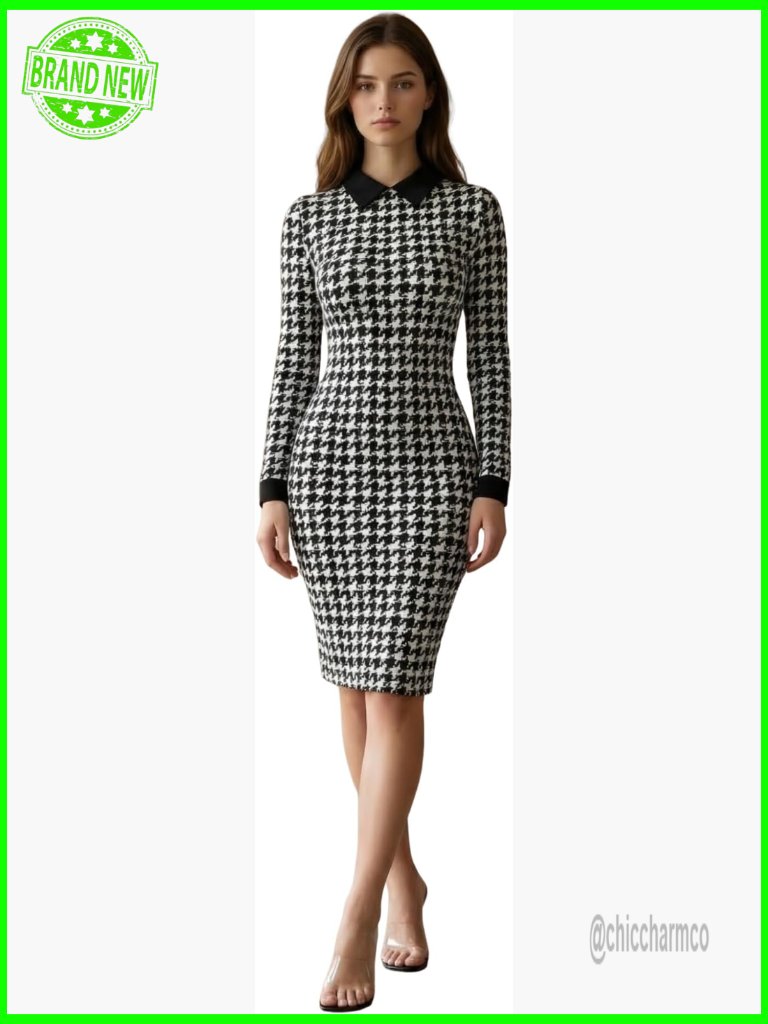 Houndstooth Long Sleeve Bodycon Work Dress